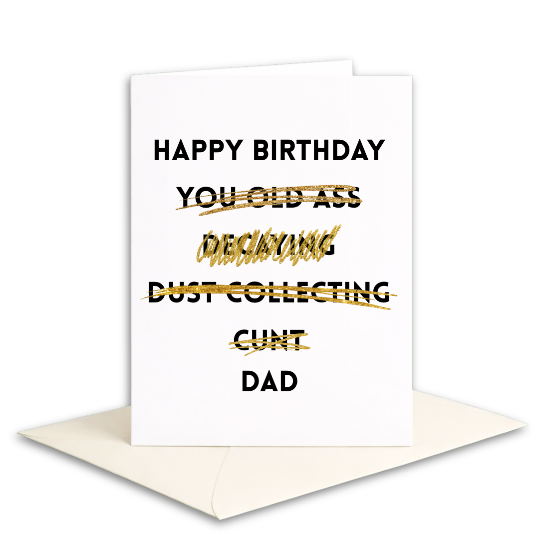 Birthday card with offensive language on a white background