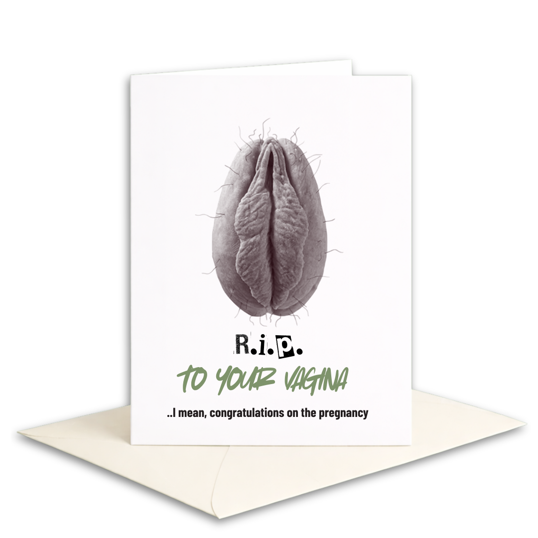 Card with a stylized depiction of a vulva and humorous text on a white background