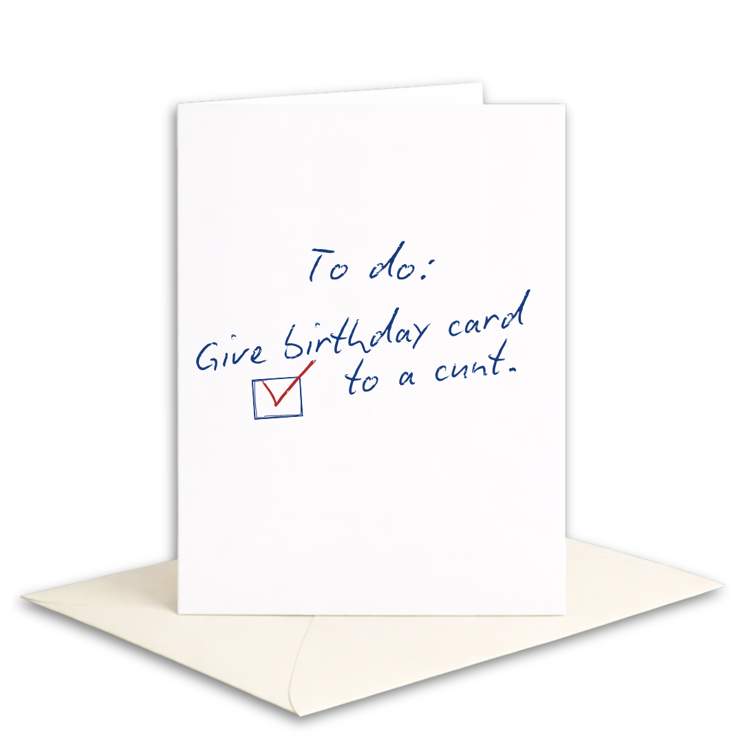 Birthday card with humorous message on a white background