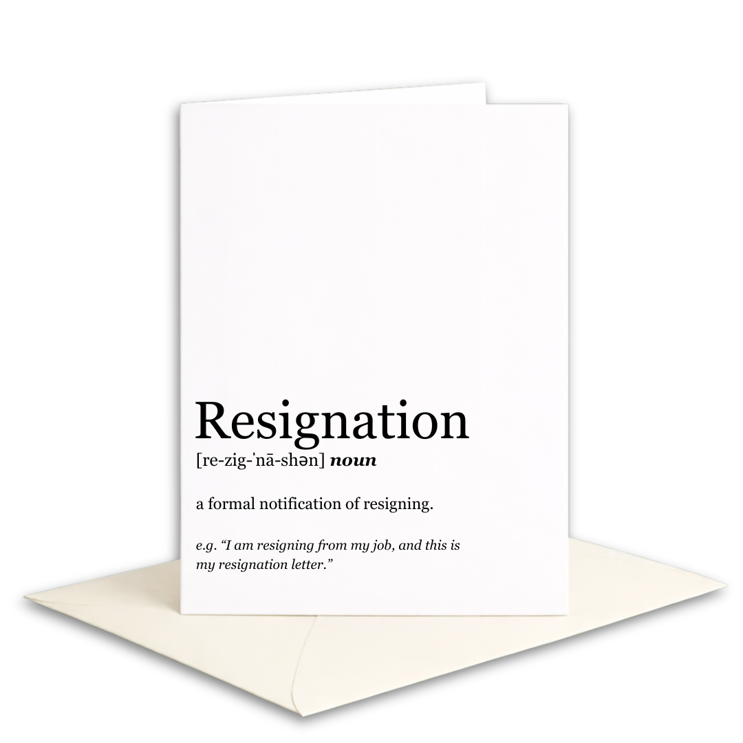 Card with the word 'Resignation' and its definition on a white background