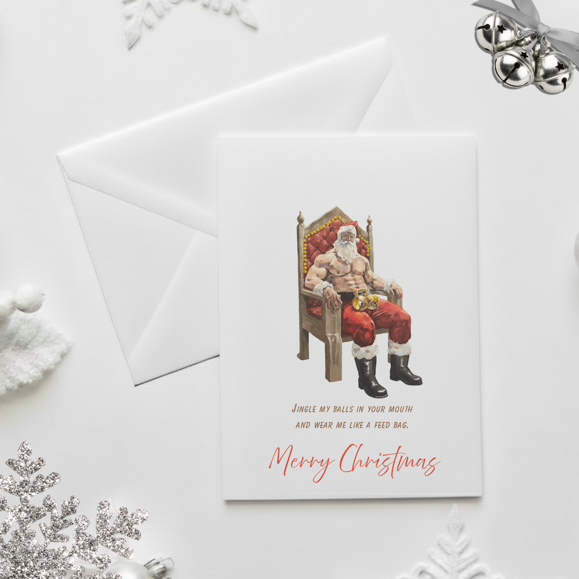 Explicit Christmas card, BDSM Santa card, fetish humor, very dirty holiday card, sexually aggressive card.