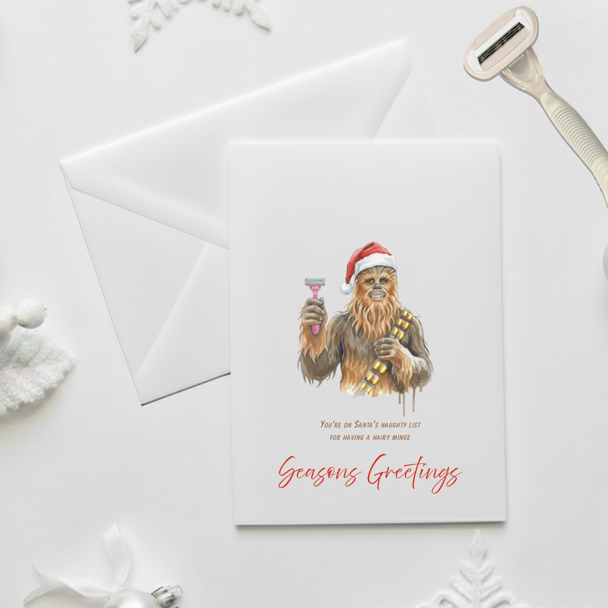 Rude sci-fi Christmas card, Wookiee parody card, funny hairy card, grooming humor, dirty geek card.