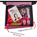 Valentine's Day gift box with candy and a card, featuring a flogging whip and explicit text.