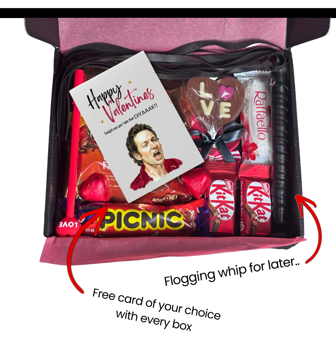 Valentine's Day gift box with candy and a card, featuring a flogging whip and explicit text.