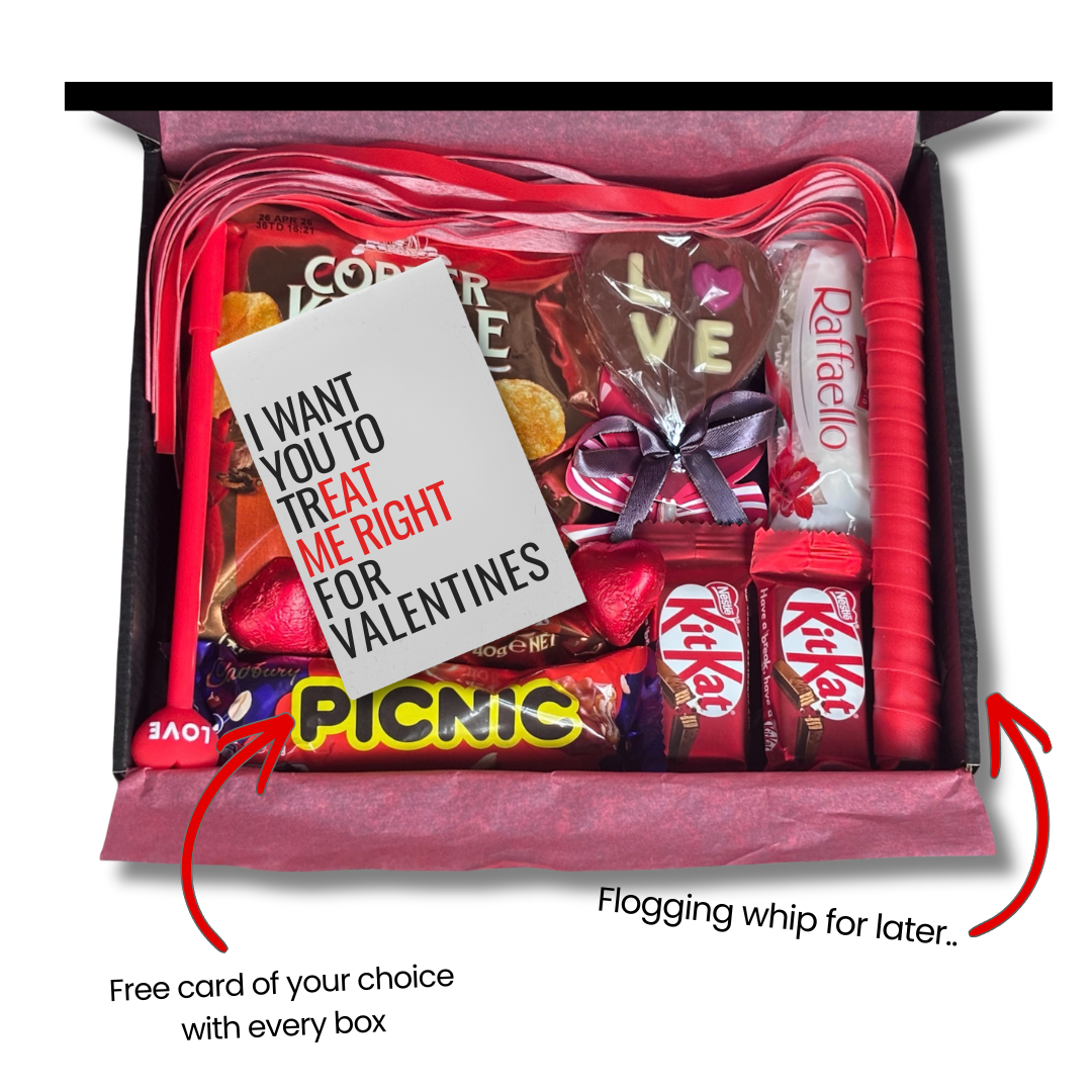 Assorted candy gift set with a card and flogging whip, themed for Valentine's Day.