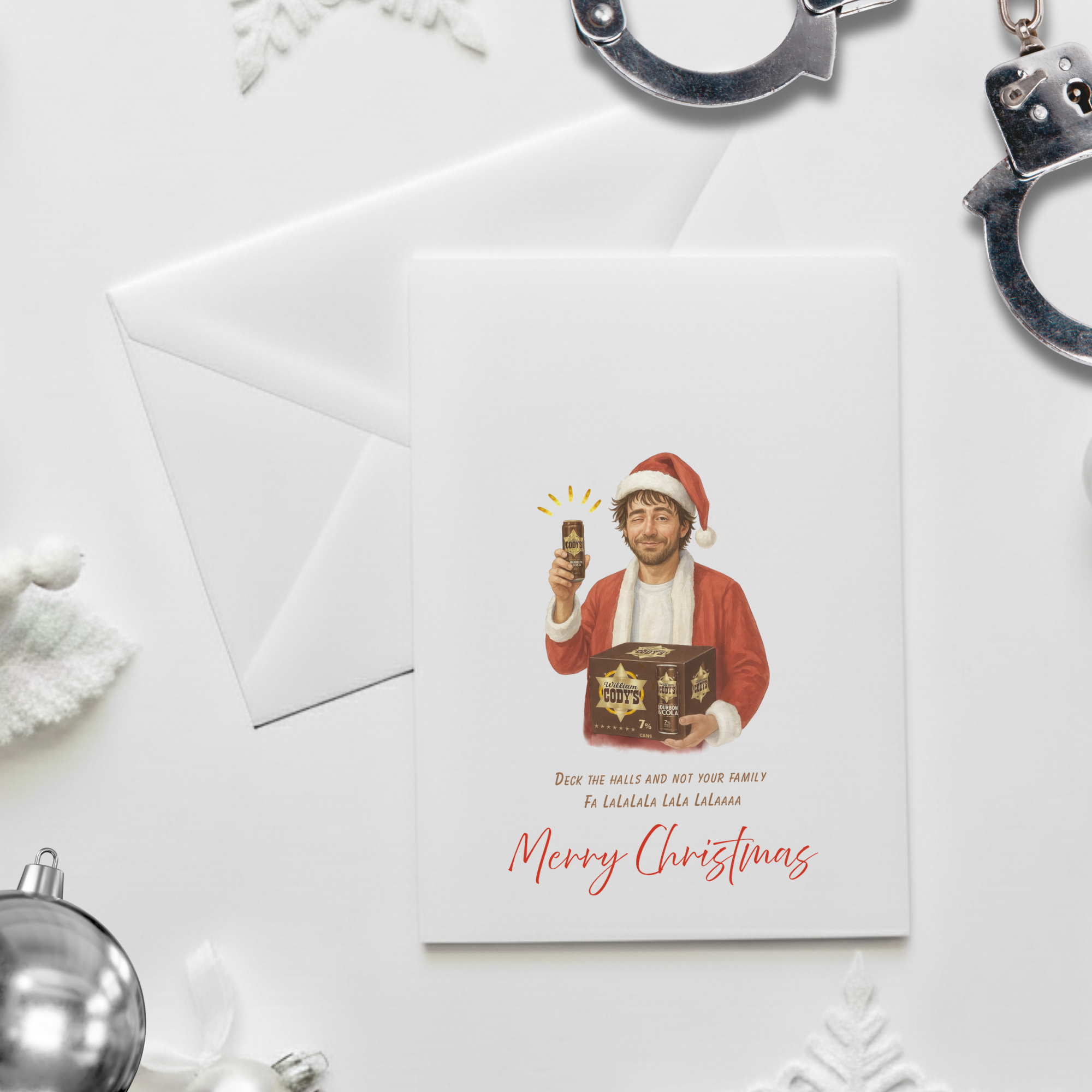 Dysfunctional family Christmas card, funny drinking card, bourbon and cola card, Cody's drink humor.